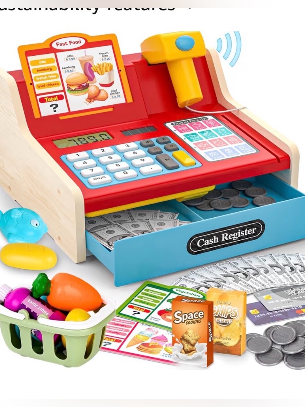 Kids Wooden Cash Register Playset - Red and Blue Pretend Toy